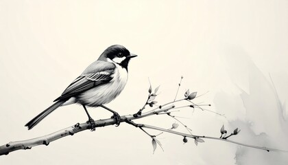 Fototapeta premium An elegant, monochrome avian depiction, poised on a slender branch against a blurred background