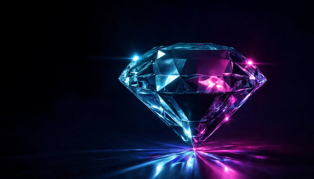 Glowing diamond with pink and blue light reflections on dark surface  luxury gemstone with vibrant colorful illumination transparent background