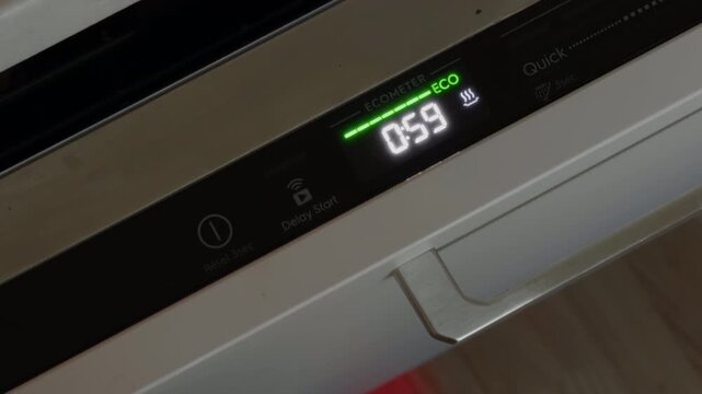 Dishwasher control panel with eco mode indicator and digital timer on modern kitchen appliance