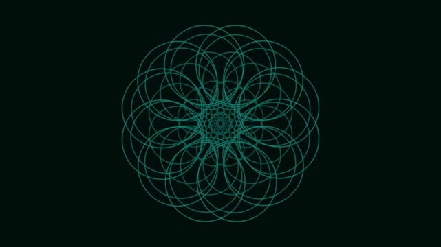 Teal symmetrical geometric spirograph animation on dark backdrop