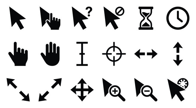 Computer cursor and mouse pointer vector icon set featuring arrow selectors, hand cursors, loading hourglass, zoom tools, resize arrows and interactive navigation symbols for interface design.