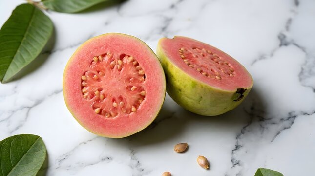 Slices of ripe pink guava fruit on white marble surface.