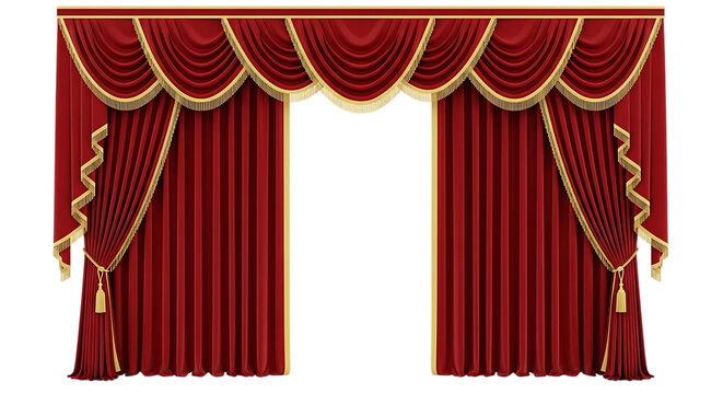 Red stage curtains with gold trim and tassels are displayed against a black background draperies fabric crimson scarlet yellow