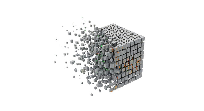 Fragmenting cube composed of small blocks a 3d rendering against a black background block fragment fragments disintegration decomposition dissolution