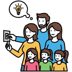 Obraz premium Family turning off light switch for energy conservation vector illustration with green leaf lightbulb icon in thought bubble