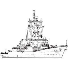 Obraz premium Military destroyer warship vector line art with radar masts and deck guns for maritime and naval defense illustration