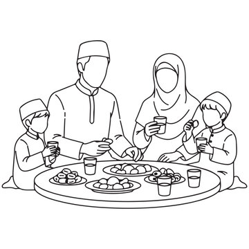 Muslim family eating together at a table for Ramadan iftar or Eid celebration line art vector illustration