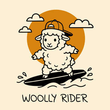 Sheep wearing hat surfing board.
