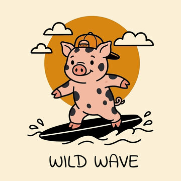 Spotted Pig Riding Surfboard Outdoors.