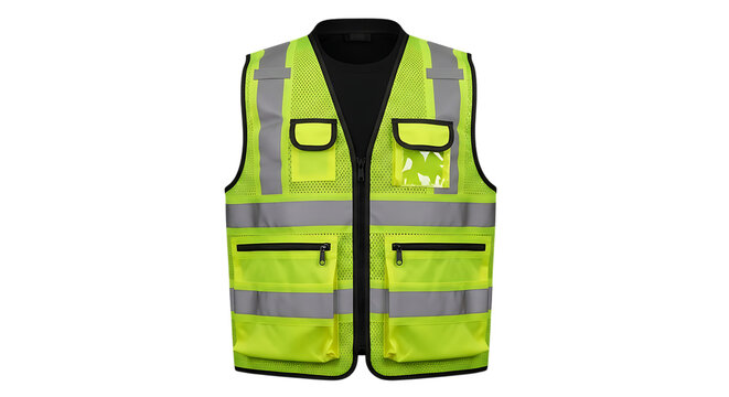 Neon yellow safety vest with reflective stripes and zippered pockets against a black background zipper garment clothing apparel visibility