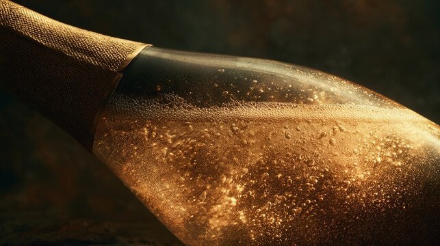 Close up of champagne bottle with golden bubbles