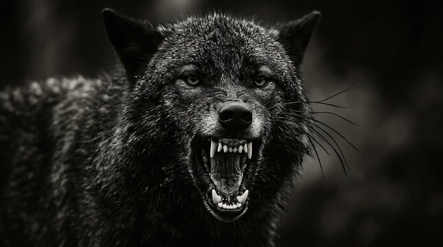 Fierce black wolf snarling in a dark forest with intense expression and sharp teeth