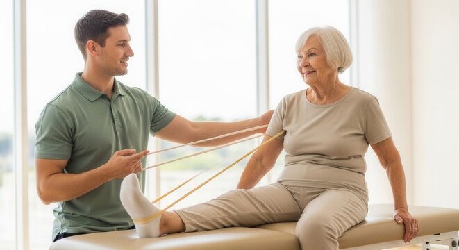 Physical Therapist Assisting Elderly Woman With Resistance Band Leg Exercise for Rehabilitation and Strength Training