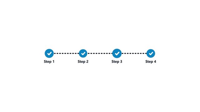 Four steps process infographic with blue checkmark icons and dotted line