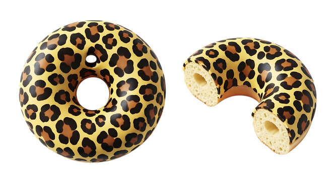 Leopard print torus with a bite taken out a glossy 3d rendering on a black background donut ring