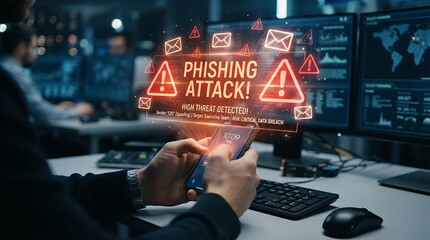 Fototapeta premium IT professional facing holographic phishing attack warning on smartphone with email threat and cybersecurity risk icons.