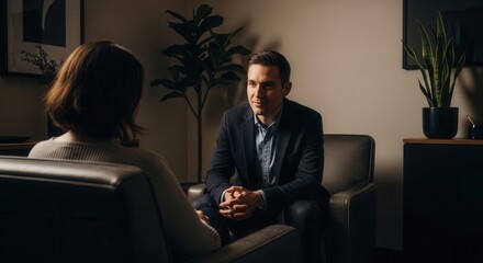 Fototapeta premium Psychologist or therapist in session with a patient, discussing feelings and mental health in a calm, professional office setting.