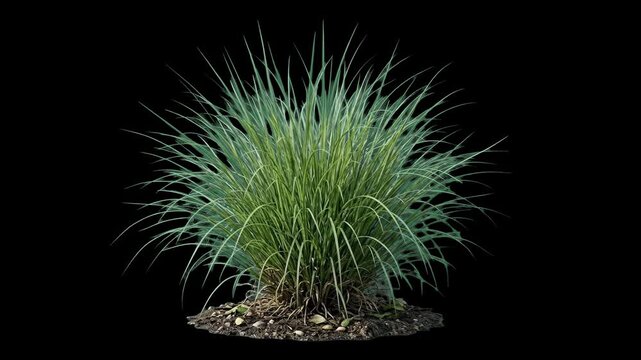 A high-quality 3D render of a mature tuft of ornamental green grass growing from a small patch of dirt, isolated against a solid black space. Ideal for dramatic contrast staging, dark fantasy landscap