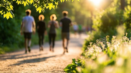 Fototapeta premium Jogging and running group of friends doing fitness exercise in a sunny green park