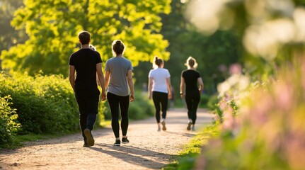 Fototapeta na wymiar Friends walking together along a sunny park path with a group of people in nature