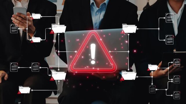 Business professionals analyzing cybersecurity risks with laptop and warning signs in digital environment showcasing data protection concerns Sigmoid