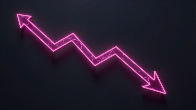 Pink neon arrow graph shows downward trend against dark background.