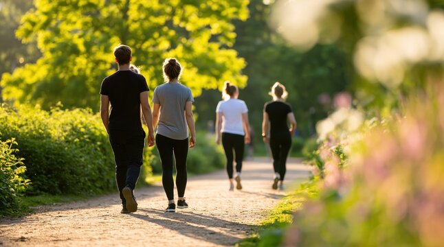 Friends walking together along a sunny park path with a group of people in nature