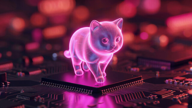 マイクロチップの真上に立つピンク色の子猫のホログラムがきらりと光る輪郭線をまといながら愛らしい大きな瞳でこちらを見つめてくる姿が人工知能の親しみやすさを穏やかに表現しています。