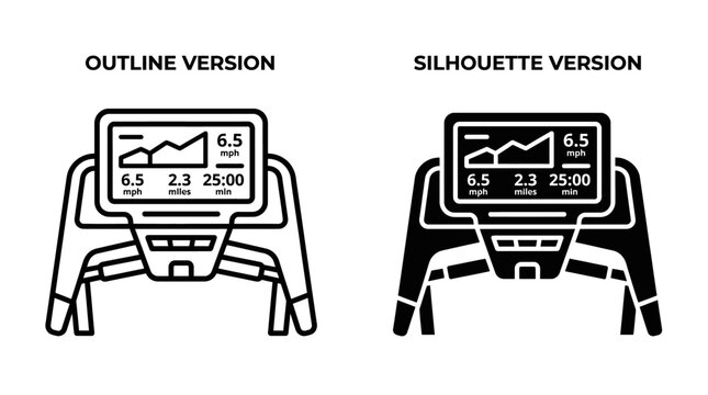Set of treadmill console icons in outline and silhouette styles for fitness apps.