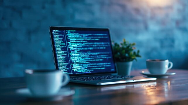 Laptop with software development coding on a desk in a dark technology office room