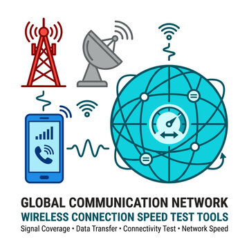 Modern Vector Illustration of Global Communication Network with Wireless Speed Test Tools and Connectivity Icons speedtest satellite tower mobile signal