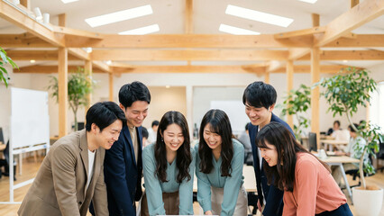 Obraz premium 木造梁のある明るいオフィスで窓辺の木製デスクを囲む六人の同僚がきゃっきゃと笑い合いながらタブレット画面を覗き込む活気ある議論を楽しむ様子を明るい日差しの中で描写しています。