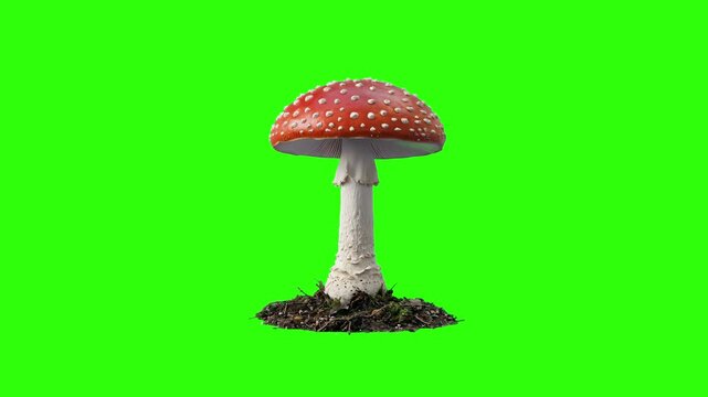 A classic toxic fly agaric mushroom with a bright red white-spotted cap growing straight out of a small moss and soil patch. Isolated on a chroma key green background for fantasy or spooky autumn vide