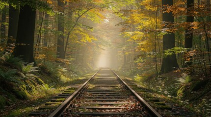 Fototapeta premium A serene forest railway track stretches into a bright, misty horizon with autumn foliage illuminating the scene.