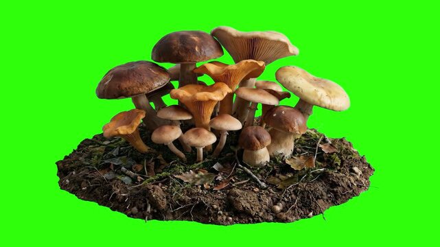 A rich, diverse patch of edible forest mushrooms including porcini and chanterelles growing together from a soil bed. Isolated against a chroma key green screen backdrop for outdoor nature layouts.