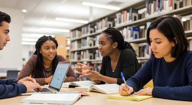 Diverse group of university students studying together in a library.