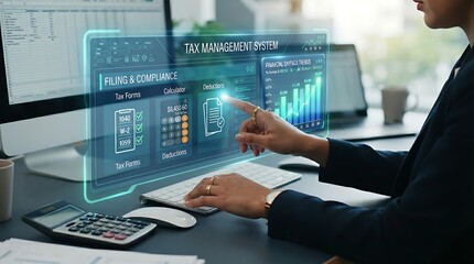 Fototapeta premium Accountant using tax management hologram with calculator and tax form icons for financial compliance and reporting.