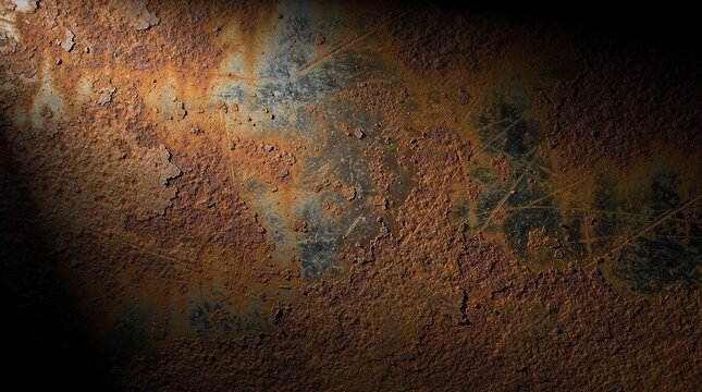 Close-up of a heavily rusted, textured metal surface with varying shades of brown, orange, and black, showing corrosion and wear.