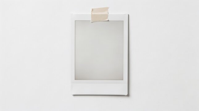A blank instant photo with a white border is taped to a plain white wall using a piece of beige masking tape.
