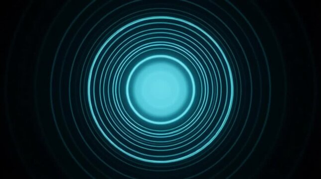 Abstract blue concentric circle ring glowing light tunnel seamless loop, turquoise abstract tunnel with glowing ring light and dark background, futuristic motion design with glowing center