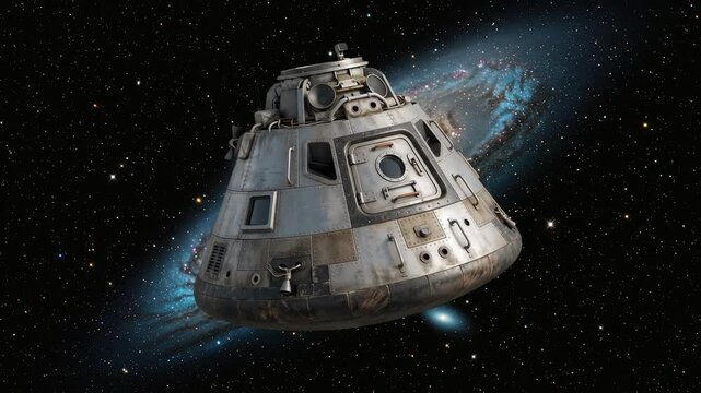 A cinematic 3D graphic animation of an aerospace space capsule module floating and rotating in orbit against a realistic starry deep space background. Ideal for documentaries and science fiction proje