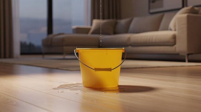 A yellow bucket on a wooden floor catching water leaking from the ceiling in a living room with a sofa in the background.