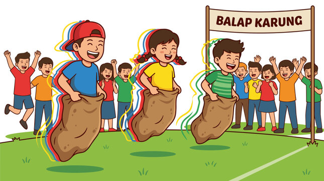 Children competing in traditional sack race at festive event.