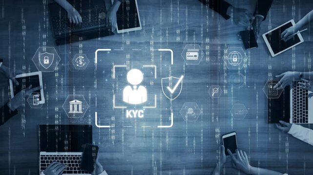Digital KYC verification with biometric scan, ID authentication, and financial security icons representing identity verification, secure onboarding, fraud prevention, and compliance Marrow