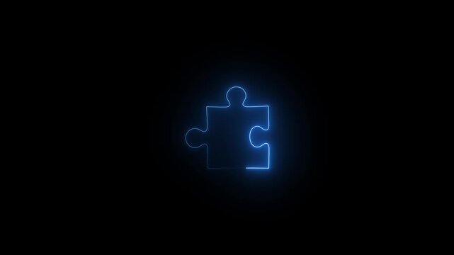 Puzzle piece icon glows with a bright blue neon light against a dark space.