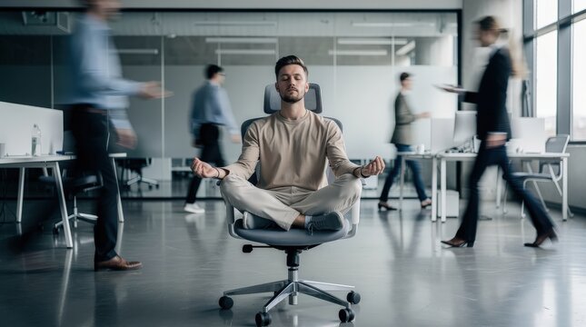 A man meditates calmly on an office chair amid busy coworkers walking briskly in a modern, open-plan office environment.