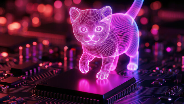 紫色発光のワイヤーフレーム猫がマイクロチップの表面をつるりと滑るように佇み無数の回路パターンに囲まれたデジタル空間で神秘的な佇まいと静かな存在感を際立たせている様子を見せています。