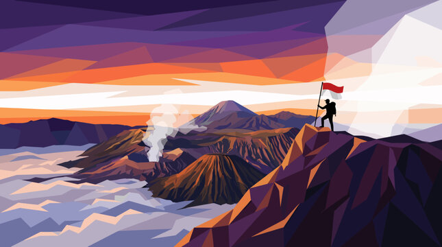 Hiker holding Indonesian flag on volcano mountain peak.