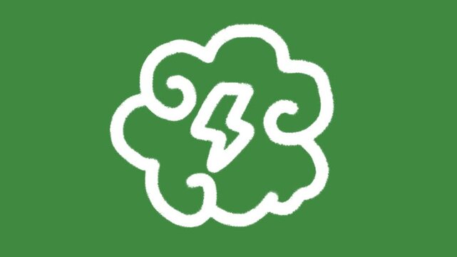 Lightning bolt brainstorming cloud hand-drawn cartoon graphic with chalk outline thunderstorm energy icon and creative inspiration symbol isolated on green screen background for innovation line art.
