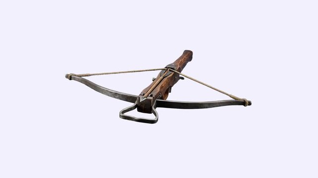 A detailed 3D render of an ancient medieval wooden crossbow with a metal bow and stirrup, viewed from a front-quarter angle. Placed against a clean, solid white backdrop for gaming and historical conc